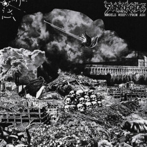 Sunnycide "Angels Weep // From Ash" cover — black-and-white collage of a skull pile in a destroyed city under a falling angel